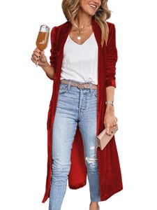 Damen Strickjacken Pullover Weicher Lang Mantel Warm Langarm Herbst Outwear Jacken Rot,Größe 2XL