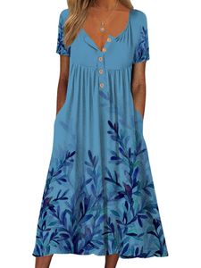 Damen Kurzarm Langes Kleid Urlaub gegen Nacken Maxi Kleider Casual Blumendruck Sommerstrand Sunddress,Farbe:Wasser blau,Größe:M