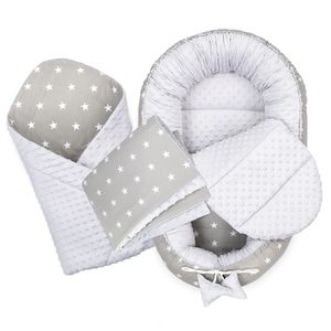 Babynestchen Set Neugeborene - Kuschelnest Baby Nestchen Bett Set 5- Teilig Kokon Babyhörnchen Grau Minky und Baumwolle mit Sternen