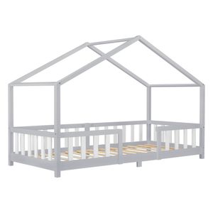 Kinderbett Treviolo mit Rausfallschutz 90x200cm Hausbett mit Lattenrost und Gitter Bettenhaus aus Holz Spielbett Hellgrau / Weiß