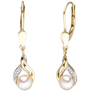 Boutons Ohrringe Ohrhänger Perlen & Diamanten & 585 Gold Gelbgold Damen