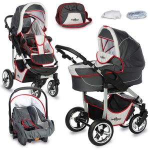 Bergsteiger Capri Kinderwagen, Farbe: grey & red stripes / Gestell: silber, 3-in-1 Kombikinderwagen, inkl. Babyschale, Babywanne, Sportwagen und Zubehör