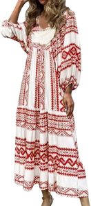 Damen Kleid Im Bohemian Stil Mit Dreiviertel Ärmeln Und Blumenmuster, Sommerkleid Damen Leicht Luftig, Strandkleid Lässiger Modischer, Partykleid Damen Lockerer, Freizeitkleid Weich Bequem