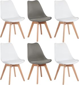 IPOTIUS 6er Set Esszimmerstühle mit Massivholz Buche Bein, Skandinavisch Design Gepolsterter Küchenstühle Stuhl Holz, 4 Weiß + 2 Grau