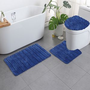 3tlg Badematten Set - Streifen Eppich Badvorleger Badteppich Toilettenbezug Badezimmermatte, Blau