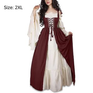 Damen Mittelalterliche Kleid mit Trompetenärmel Mittelalter Party Kostüm Maxikleid, Rot, 2XL