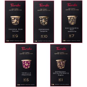 Sada TURABO CLASSIC - Kávové kapsuly kompatibilné s Nespresso, 5 sortimentov, 50 kapsúl, Espresso, Decafeinato, Vanilka, Havana Rum, Makadamiový orech