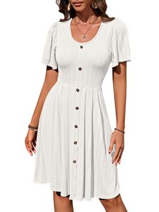 Damen Sommerkleider Kurzarm Kleider Bohemian Minikleid Freizeitkleider Strandkleid Weiß,Größe L