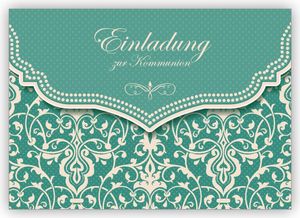 4x Hübsche Einladungskarte mit Vintage Damast Muster in edlem Hellblau Türkis für Mädchen: Einladung zur Kommunion