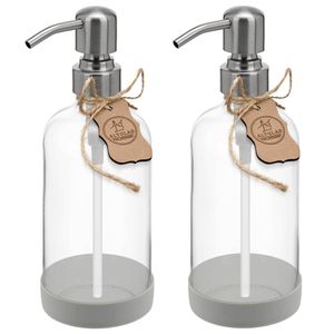 Seifenspender 'Sarajevo' aus Glas Flasche mit Edelstahl Pumpkopf – Klar / Gebürstetes Silber / 500 ml (2 Stück mit Untersetzer)
