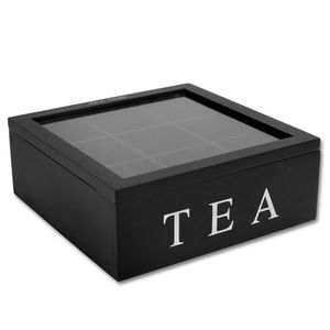 Teebox mit 9 Fächern und Sichtfenster aus Holz - Teekiste - schwarz