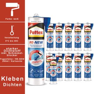 Pattex Sanitärsilikon Bad Küche Innen Schimmelressistent "ReNEW" pilzhemmend 12 x 280ml - weiss -