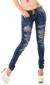 Moderne Röhren-Jeans mit Rissen und Glamour-Gürtel in dark blue Größe - 38
