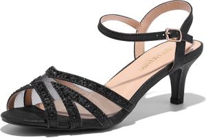 DREAM PAIRS Damen Nina Niedrig Absatz Pumps Sandalen Glitzer Schuhe Tanzschuhe Damen High Heels y Tanzschuhe Damen Latein Farbe: SCHWARZ Größe:39