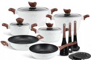 Weiße Keramik-Marmortöpfe mit Bratpfanne und Wok Set 15-teiliges