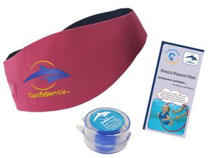 Lampiphant® + Konfidence Aquaband: Neoprenstirnband mit Silikon-Ohrstöpseln und Plitsch-Platsch-Fibel, Kind, Pink