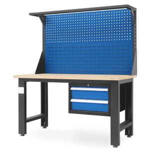 Werkbank mit Lochwand Werktisch Arbeitsplatte mit 2 Schubladen Metall, 150 cm x 170 cm x 75 cm, Farbe: Anthrazit-Blau