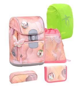 Belmil ergonomischer Schulranzen Set mit Regenschutz 6 -teilig für Mädchen 1-4 Klasse Grundschule mit Patch Set/Brustgurt, Hüftgurt/Magnetverschluss/sonstige Muster/rosa (405-74 Marble)
