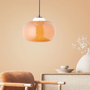 BRILLIANT dimmbare Retro Hängelampe mit orangem Glas-Schirm | höhenverstellbare elegante Pendelleuchte mit kürzbarem Kabel | max. 1,29 m Höhe & 30 cm Durchmesser | E27 Fassung max. 60 W | Glas/Metall