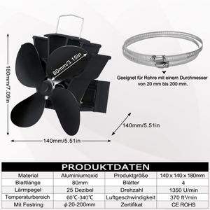 YUENFONG 4 Blatt Kaminventilator für Ofenrohr, Ofenventilator, Wärmebetrieben, Leiser kaminlüfter für Holz, Brennholz, Feuerstelle, Ofenrohr, Metall, Schwarz