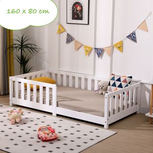 Kinderbett mit Rausfallschutz inkl. Lattenrost | 80 x 160 cm | Weiß | Kiefernholz  - Massivholz | für Mädchen und Jungs | Kinderbetten