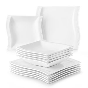 MALACASA krémově bílý porcelán jídelní servis 12dílný kombinovaný servisní set nádobí s talířem a polévkovým talířem pro 6 osob
