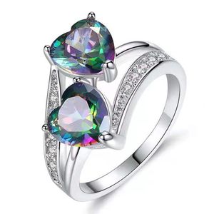 Damen-Ring, doppeltes Herz, funkelnder Zirkonia, modisches Aussehen, Fingerband für Party-Mehrfarbig,US 7