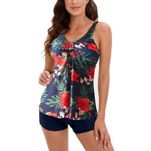 Damen Ärmellose Tankinis Blumendruck Strandkleidung Gepolstert Mode Badeanzug Sommer Rote Blumen,Größe:Xl