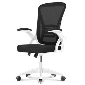Bürostuhl – Ergonomischer Sitz – Sessel mit 90° klappbarer Armlehne – Lordosenstütze – höhenverstellbar - schwarz und weiß