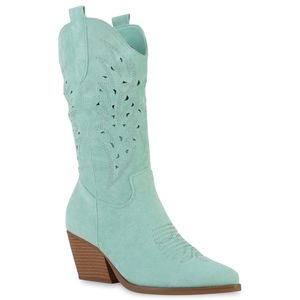 VAN HILL Damen Cowboystiefel Stiefel Stickereien Schuhe 840054, Farbe: Türkis Velours, Größe: 38