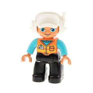 1x Lego Duplo Figur Mann schwarz Sicherheitsweste orange gelb Helm 47394pb288