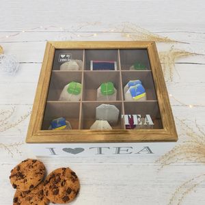 Aufbewahrungsbox 'I Love Tea' mit Sichtfenster 24x24xH7cm 9 Fächer Natur/Weiß