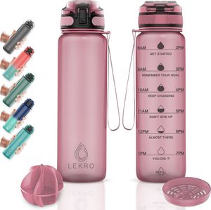 Lekro Trinkflaschen 1L, Wasserflasche für Uni, Arbeit, Fitness, Fahrrad, Outdoor, Leicht, Stoßfest, Soft Touch +Sieb, BPA-frei, Trinkflaschen-Roségold