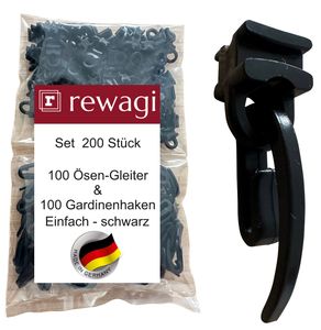 rewagi 100 Gardinenhaken Einfach schwarz & 100 Ösen-Gleiter SUW schwarz, für Gardinenschiene  Faltenhaken, Faltenlegehaken, Überklipshaken.
