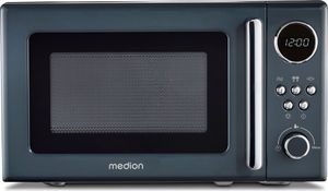 MEDION Retro Mikrowelle (20 Liter, ca. 800 Watt, 5 Mikrowellenstufen, 8 Automatikprogramme, Digitale Anzeige, Auftaufunktion, kompakt, MD15000) grau
