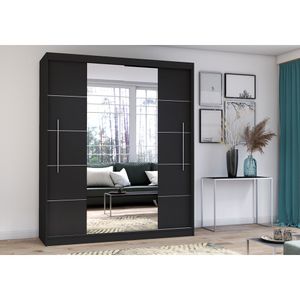 Schwebetürenschrank Kleiderschrank Schrank 204cm SCHWARZ/SCHWARZ mit zwei Spiegeln, Zierleisten und LED Beleuchtung Torino