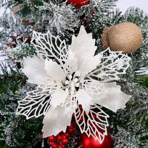 12 Stück Christmas Glitter Poinsettia Weihnachtsbaum Ornament Weihnachtsblumen künstliche Blumen Christbaumschmuck Weihnachten Hochzeit Kränze Dekoration 16cm (Weiß)