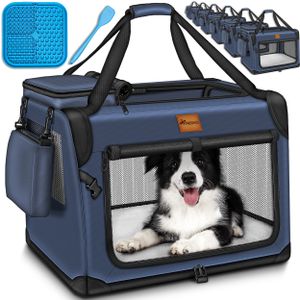 TRESKO® Hundebox faltbar Navyblau (XXL 92x63x63cm) inkl. Leckmatte und Spatel | Transportbox für Hunde und Katzen | Hundetransportbox für kleine & große Hunde | Hundetasche robust