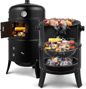 FCH Holzkohlegrill 3-in-1 Räuchertonne, Gartengrill odder Ofen, Thermometer, Belüftung, Tür, 3 Roste, Smoker, BBQ