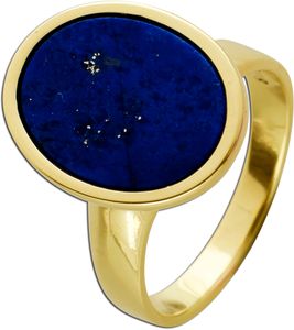 Antiker Lapislazuli Edelstein Ring von 1980 Gelbgold 14Karat 585 Lapislazuli blau leuchtend Goldfäden Einlagen Designer Tulpenfassung Größe 18mm 18