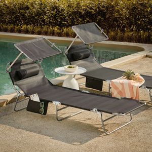 SoBuy OGS48-SCH Sonnenliege mit abnehmbarem Kopfkissen und verstellbarem Sonnendach Gartenliege mit Seitentasche Relaxstuhl klappbar Schwarz Belastbarkeit 150 kg
