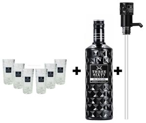 Three Sixty Set Geschenkset ? Three Sixty Black Vodka Wodka 3L 3000ml (42% Vol) + 6x Shotgläser Glas 2 und 4cl geeicht + Pumpe - [Enthält Sulfite]