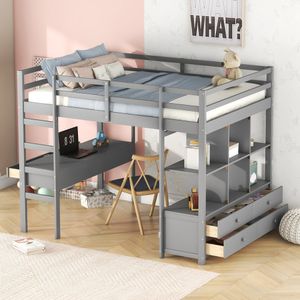 okwish Hochbett 140 x 200cm Bettgestell Kinderbett mit Stauraumschubladen und Unterbettschreibtisch, Grau okwish Hochbett 140 x 200cm Bettgestell Kinderbett mit Stauraumschubladen und Unterbettschreibtisch, Grau