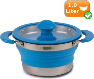 Faltbares Kochtopfset - 2er Reise Set - Camping 1,0Liter Topf blau + Sieb grau