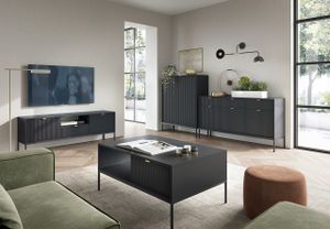GRAINGOLD Wohnzimmer-Set Amber- 4 teiliges Komplett - TV-Schrank, Hohe Kommode, Kleine Kommode, Couchtisch - Schwarz
