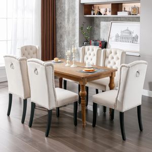 Flieks Jídelní židle sada 6 kusů, kuchyňská židle s masivními dřevěnými nohami, čalouněná jídelní židle se sametovým potahem, židle do obývacího pokoje kuchyně, béžová barva