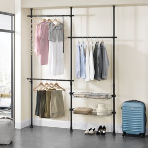 Teleskopgarderobe ’Kemi’ mit 3 Garderobenstangen 160 - 200 cm Stahl Schwarz