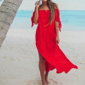 Damen Einfarbig Off-Shoulder Langes Kleid Mode Lässig Sommer Split Langer Rock,Farbe:Red,Größe:M
