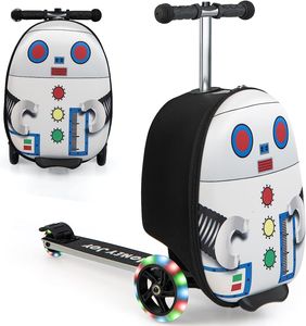 2 in 1 Kinderkoffer & Scooter Kinder ab 5 Jahre, Kindertrolley mit Blinkenden LED-Rädern, Kindergepäck 19 Zoll für Reisen (Weiß-Roboter)