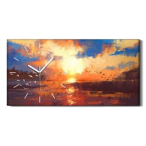 Leinwand Uhr Küche Wohnzimmer Bild 60x30 Gemälde mit Sonnenuntergang am See - weiße Hände